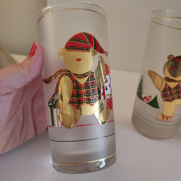 Vintage Frosted Culver 22kt Gold Holiday Yule Bear Shammed Highballs x 4 - Picture 4 of 12